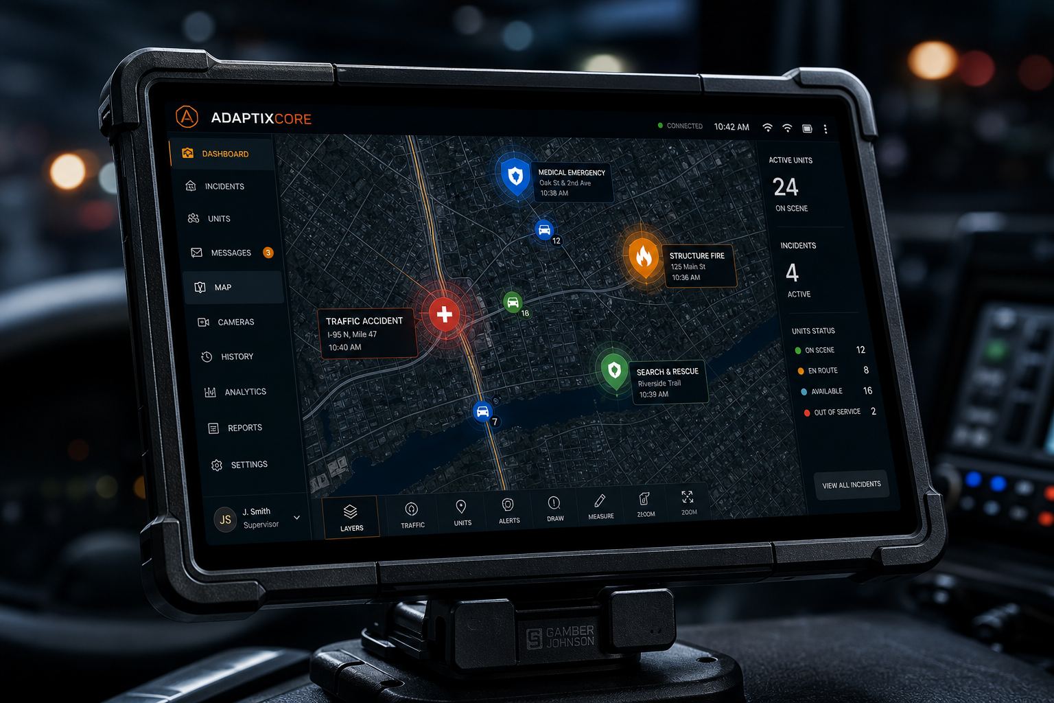 Cinematic EMS transport scene with ambulance, helicopter, storm lighting, and glass command overlays